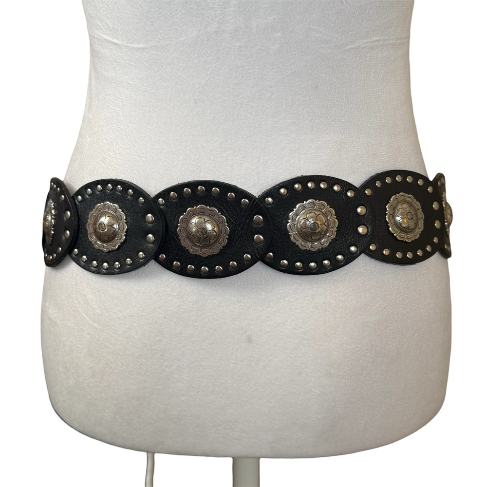 Fossil Leather Studded Western Concho Belt Black Buckle Wide Boho Flower Large - Picture 4 of 11